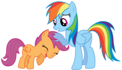 Size: 10000x5700 | Tagged: safe, artist:mpnoir, rainbow dash, scootaloo, pegasus, pony, equestria games (episode), g4, .svg available, absurd resolution, eyes closed, female, filly, foal, folded wings, gritted teeth, head pat, mare, noogie, open mouth, open smile, raised hoof, scootalove, simple background, smiling, teeth, transparent background, vector, wings