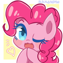 Size: 1280x1280 | Tagged: dead source, safe, artist:nichandesu, pinkie pie, earth pony, pony, g4, blush sticker, blushing, cute, diapinkes, female, heart, looking at you, mare, one eye closed, open mouth, solo, wink