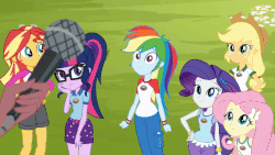 Size: 960x540 | Tagged: safe, screencap, applejack, fluttershy, pinkie pie, rainbow dash, rarity, sci-twi, sunset shimmer, twilight sparkle, equestria girls, g4, my little pony equestria girls: legend of everfree, animated, camp everfree outfits, cute, dashabetes, female