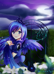 Size: 900x1236 | Tagged: safe, artist:incinerater, princess luna, human, g4, female, flower, humanized, moon, solo