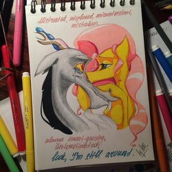 Size: 1024x1024 | Tagged: safe, artist:byannss, discord, fluttershy, g4, crying, female, male, ship:discoshy, shipping, straight, traditional art