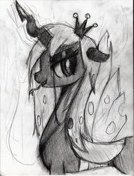 Size: 1052x1386 | Tagged: safe, artist:il-phantom, queen chrysalis, changeling, changeling queen, g4, crown, female, jewelry, monochrome, regalia, solo, traditional art