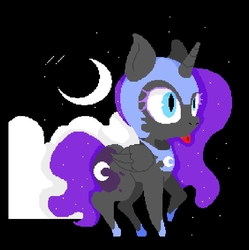 Size: 737x741 | Tagged: artist needed, safe, nightmare moon, alicorn, pony, g4, black background, chibi, female, helmet, moon, nightmare mlem, pixel art, raised hoof, silly, simple background, solo, tongue out