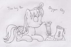 Size: 1102x736 | Tagged: safe, artist:parclytaxel, oc, oc only, oc:parcly taxel, alicorn, pony, alicorn oc, cocktail, food, herbivore, horn, horn ring, levitation, lineart, long bar, magic, monochrome, peanut, pencil drawing, prone, raffles hotel, singapore, singapore sling, sipping, solo, straw, telekinesis, traditional art