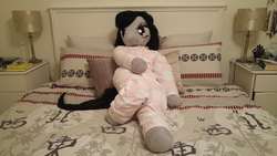 Size: 5312x2988 | Tagged: safe, artist:bigsexyplush, artist:somethingaboutoctavia, octavia melody, earth pony, anthro, g4, anthro plushie, bed, bedroom eyes, clothes, coy, cute, doll, irl, looking away, lying, lying down, on back, pajamas, photo, plushie, shy, thunder thighs, toy, wide hips