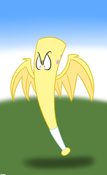 Size: 900x1472 | Tagged: safe, artist:mofetafrombrooklyn, fluttershy, bat, bat pony, pony, g4, ambiguous gender, baseball bat, baseball bat pony, female, flutterbat, flying, glare, literal, living object, pun, race swap, solo, spread wings, visual pun, wide eyes