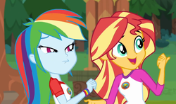 Size: 1044x614 | Tagged: safe, screencap, rainbow dash, sunset shimmer, equestria girls, g4, my little pony equestria girls: legend of everfree, faic, female, not bad, rainbow dash is best facemaker
