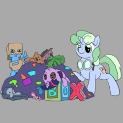 Size: 800x800 | Tagged: safe, artist:dudey64, oc, oc only, oc:box-filly, oc:sweetwater, pegasus, pony, unicorn, adventure, colt, doll, female, filly, goggles, hoard, male, toy, treasure, twilight doll