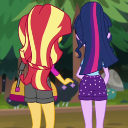 Size: 500x500 | Tagged: safe, screencap, sci-twi, sunset shimmer, twilight sparkle, equestria girls, g4, my little pony equestria girls: legend of everfree, ass, butt, cropped, ponytail, sci-twibutt