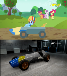 Size: 1006x1138 | Tagged: safe, artist:peternators, screencap, apple bloom, rainbow dash, scootaloo, sweetie belle, earth pony, pony, g4, the cart before the ponies, car, formula 1, forza motorsport 6, helmet, meme, racecar, that was fast