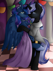 Size: 1024x1365 | Tagged: safe, artist:lionbun, princess luna, oc, oc:night shadow, semi-anthro, g4, canon x oc, cape, clothes, dancing, duo, ear piercing, eye contact, female, jacket, jewelry, looking at each other, male, necklace, piercing, ship:lunadow, shipping, straight, watermark