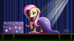 Size: 10000x5627 | Tagged: safe, artist:duskie-06, fluttershy, pony, g4, absurd resolution, cape, clothes, cute, female, magic wand, mouth hold, shyabetes, solo, stage, trixie's cape