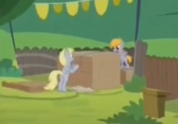 Size: 294x206 | Tagged: safe, screencap, crackle pop, derpy hooves, pegasus, pony, g4, the cart before the ponies, butt, female, lowres, mare, plot