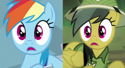 Size: 615x334 | Tagged: safe, screencap, daring do, rainbow dash, pony, g4, stranger than fan fiction, comparison, shocked