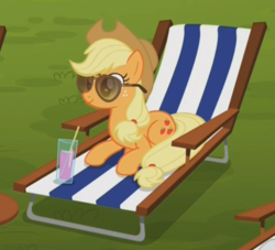 Size: 624x567 | Tagged: safe, screencap, applejack, earth pony, pony, g4, the cart before the ponies, cup, female, juice, mare, prone, solo, sunglasses