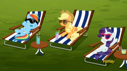 Size: 1273x711 | Tagged: safe, screencap, applejack, rainbow dash, rarity, pony, g4, the cart before the ponies, beach chair, chair, cute, discovery family logo, on back, on side, prone, relaxing, smiling, sunglasses