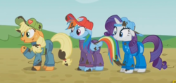 Size: 601x286 | Tagged: safe, screencap, applejack, rainbow dash, rarity, pony, g4, the cart before the ponies, clothes, cute, dirty, floppy ears, hat, mechanic coveralls, open mouth, smiling