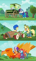 Size: 1280x2160 | Tagged: safe, screencap, apple bloom, applejack, rainbow dash, rarity, scootaloo, sweetie belle, earth pony, pony, g4, the cart before the ponies, applelove, cart, comic, comparison, cutie mark crusaders, mechanic coveralls, scootalove, sisters, sweetielove