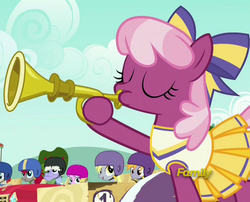 Size: 1265x1024 | Tagged: safe, screencap, cheerilee, crackle pop, crimson skate, derpy hooves, diamond tiara, randolph, train tracks (character), pegasus, pony, the cart before the ponies, blowing, bugle, bugle mistaken for a trumpet, cart, cheerileeder, cheerleader, female, mare, musical instrument, referee cheerilee