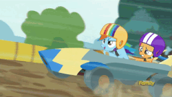 Size: 500x281 | Tagged: safe, screencap, rainbow dash, scootaloo, pony, g4, the cart before the ponies, animated, cart, discovery family logo, female, helmet