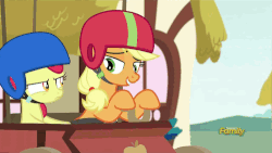 Size: 500x281 | Tagged: safe, screencap, apple bloom, applejack, cherry berry, earth pony, pony, g4, the cart before the ponies, animated, cart, discovery family logo, female, helmet, mare