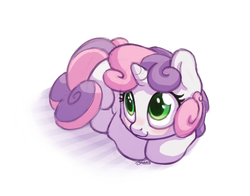 Size: 1400x1100 | Tagged: safe, artist:bobdude0, sweetie belle, pony, unicorn, g4, :3, behaving like a cat, blank flank, cute, diasweetes, female, filly, lying down, prone, signature, simple background, smiling, solo, white background