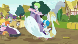 Size: 500x281 | Tagged: safe, screencap, crackle pop, derpy hooves, rarity, sugar stix, sweetie belle, tender brush, winter lotus, pegasus, pony, g4, the cart before the ponies, angry, animated, blocking, cart, cheating, derpy hooves is not amused, discovery family logo, female, helmet, mare, raribitch, swanlestia cart, unamused