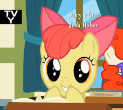 Size: 562x502 | Tagged: safe, screencap, apple bloom, twist, earth pony, pony, g4, the cart before the ponies, adorabloom, animated, credits, cute, female, happy, josh haber, loop, tv-y
