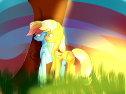 Size: 1600x1200 | Tagged: safe, artist:goth-fire-offical, applejack, rainbow dash, pony, g4, blushing, female, grass, lesbian, mare, missing cutie mark, ship:appledash, shipping, smiling, tree