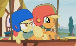 Size: 967x583 | Tagged: safe, screencap, apple bloom, applejack, earth pony, pony, g4, the cart before the ponies