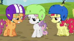 Size: 500x281 | Tagged: safe, screencap, apple bloom, scootaloo, sweetie belle, earth pony, pegasus, pony, unicorn, g4, the cart before the ponies, angry, animated, cutie mark, cutie mark crusaders, dirty, discovery family logo, female, filly, gif, helmet, scratches, the cmc's cutie marks
