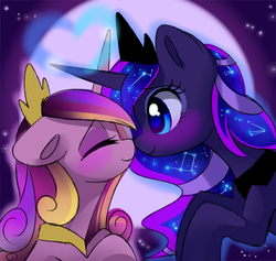 Size: 3000x2845 | Tagged: safe, artist:elementalokami, princess cadance, princess luna, alicorn, pony, g4, boop, cute, female, high res, horn, horns are touching, infidelity, lesbian, love, lundance, mare, noseboop, nuzzling, shipping