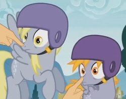 Size: 759x596 | Tagged: safe, edit, edited screencap, screencap, crackle pop, derpy hooves, pegasus, pony, g4, the cart before the ponies, boop, boop edit, female, hand, mare