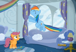 Size: 732x505 | Tagged: safe, screencap, rainbow dash, scootaloo, g4, the cart before the ponies, animated, cute, cutealoo, cutie mark, dashabetes, discovery family logo, female, loop, rainbow dash's house, the cmc's cutie marks