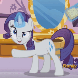 Size: 400x400 | Tagged: safe, screencap, rarity, pony, g4, the cart before the ponies, animated, cropped, discovery family logo, female, solo