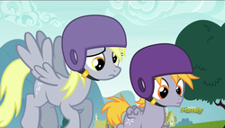 Size: 1920x1088 | Tagged: safe, screencap, crackle pop, derpy hooves, pegasus, pony, g4, the cart before the ponies, female, flying, foal, frown, helmet, male, mare