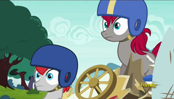 Size: 1920x1088 | Tagged: safe, screencap, crimson skate, train tracks (g4), pony, g4, my little pony: friendship is magic, the cart before the ponies, helmet, wide eyes