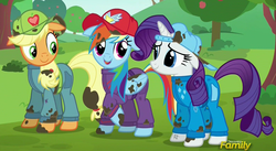 Size: 1573x862 | Tagged: safe, screencap, applejack, rainbow dash, rarity, pony, g4, the cart before the ponies, backwards ballcap, baseball cap, clothes, dirty, floppy ears, hat, jumpsuit, mechanic coveralls