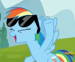 Size: 537x445 | Tagged: safe, screencap, rainbow dash, pegasus, pony, g4, season 6, the cart before the ponies, animated, cheering, cropped, cute, dashabetes, discovery family logo, eyes closed, female, flying, gif, mare, solo, sunglasses