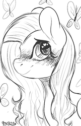 Size: 450x700 | Tagged: safe, artist:p0n1es, fluttershy, butterfly, g4, blushing, bust, cute, female, looking at you, monochrome, portrait, shyabetes, sketch, solo