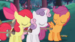 Size: 1286x724 | Tagged: safe, screencap, apple bloom, scootaloo, sweetie belle, earth pony, pegasus, pony, unicorn, g4, the cart before the ponies, animated, apple bloom's bow, bow, cutie mark, cutie mark crusaders, discovery family logo, eyes closed, female, filly, foal, hair bow, harness, loop, nodding, smiling, spread wings, the cmc's cutie marks, wings