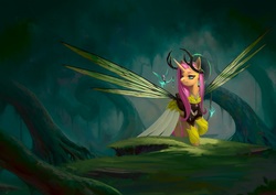 Size: 1754x1240 | Tagged: safe, artist:eosphorite, part of a set, fluttershy, seabreeze, alicorn, breezie, pony, g4, alicornified, antlers, clothes, element of kindness, female, fluttercorn, forest, halo, insect wings, lidded eyes, male, race swap, raised hoof