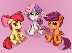 Size: 3000x2228 | Tagged: dead source, safe, artist:eddiedodoman, apple bloom, scootaloo, sweetie belle, earth pony, pegasus, pony, unicorn, g4, apple bloom's bow, blank flank, bow, cute, cutie mark crusaders, female, filly, floppy ears, hair bow, high res, looking at you, open mouth, pink background, simple background, sitting, starry eyes, trio, wingding eyes