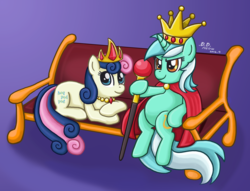 Size: 2201x1678 | Tagged: dead source, safe, artist:eddiedodoman, bon bon, lyra heartstrings, sweetie drops, earth pony, pony, unicorn, g4, crown, duo, female, jewelry, mare, regalia, sitting