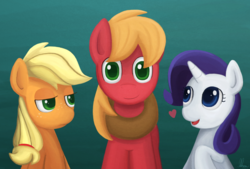 Size: 3988x2695 | Tagged: dead source, safe, artist:eddiedodoman, applejack, big macintosh, rarity, earth pony, pony, g4, crush, filly, heart, male, pixiv, ship:rarimac, shipping, stallion, straight, trio, unamused