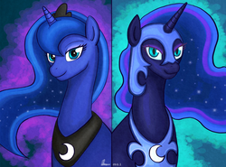 Size: 3577x2644 | Tagged: dead source, safe, artist:eddiedodoman, nightmare moon, princess luna, alicorn, pony, g4, duo, female, high res, mare, smiling