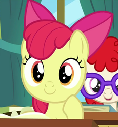 Size: 442x475 | Tagged: safe, screencap, apple bloom, twist, earth pony, pony, g4, the cart before the ponies, adorabloom, bow, cropped, cute, female, filly, glasses, hair bow, raised hoof, smiling