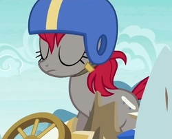 Size: 714x578 | Tagged: safe, screencap, crimson skate, pony, g4, the cart before the ponies, eyes closed, helmet