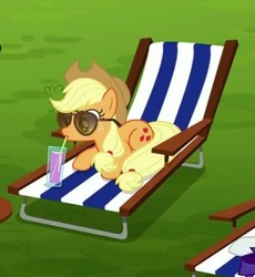 Size: 486x528 | Tagged: safe, screencap, applejack, earth pony, pony, g4, the cart before the ponies, aviator sunglasses, beach chair, chair, cropped, drink, drinking, drinking glass, female, mare, prone, solo, straw, sunglasses