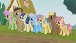 Size: 500x281 | Tagged: safe, screencap, bon bon, coco crusoe, crackle pop, dizzy twister, doctor whooves, linky, merry may, orange swirl, parasol, shoeshine, sweetie drops, time turner, earth pony, pegasus, pony, g4, the cart before the ponies, animated, background characters doing background things, background pony, gif, male, mexican wave pony style, stallion